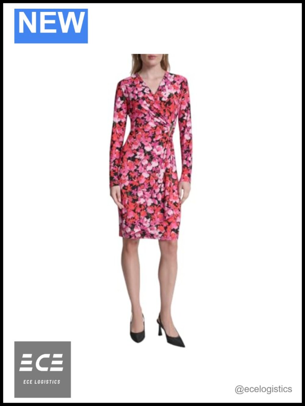 Long Sleeve Surplice Neck Sheath Dress Floral Business Casual Knee-Length